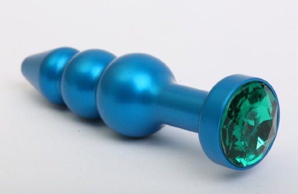 Синая фигурная анальная пробка с зеленым кристаллом - 11,2 см