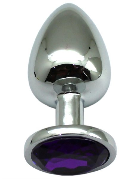 Серебристая анальная пробка с фиолетовым кристаллом - 9 см.