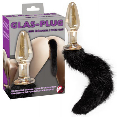 Анальная пробка Glas-Plug с меховым хвостиком, цвет: прозрачный