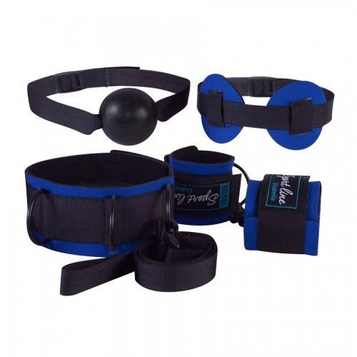 Комплект для БДСМ-игр: наручники, кляп-шарик, маска, ошейник, цвет: сине-черный