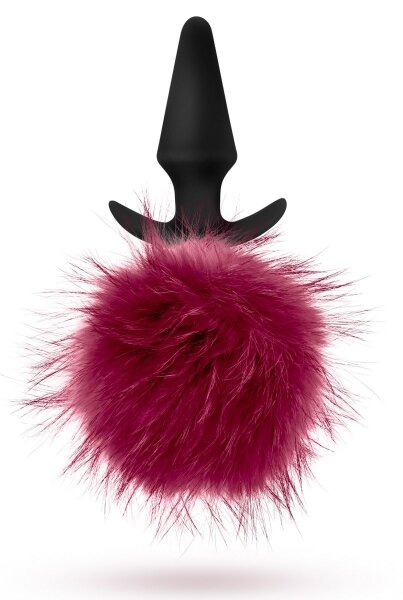 Анальная пробка Fur Pom Pom с бордовым заячьим хвостом - 12,7 см