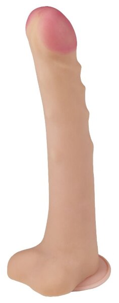 Ребристый фаллоимитатор-супергигант с мошонкой на присоске - 39 см, цвет: телесный
