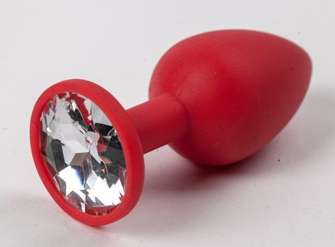 Красная силиконовая анальная пробка с прозрачным стразом - 7,1 см