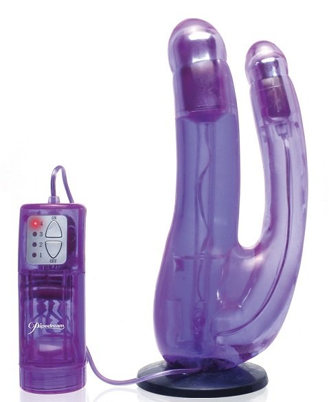 Двойной страпон с вибрацией Double Penetrator Vibe Strap-On - 19 см, цвет: фиолетовый