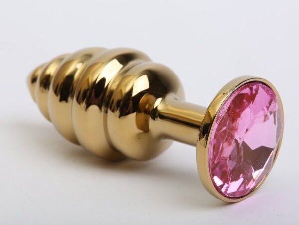 Золотистая рифленая пробка с розовым стразом - 8,2 см