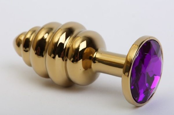 Золотистая рифленая пробка с фиолетовым стразом - 8,2 см