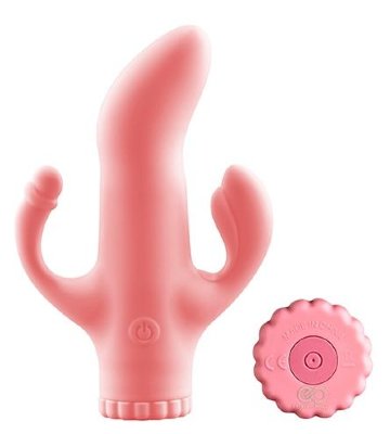 Вибратор с клиторальным и анальным отростками - 15,2 см, цвет: розовый