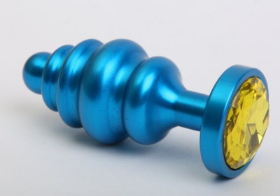 Синая ребристая анальная пробка с желтым кристаллом - 7,3 см