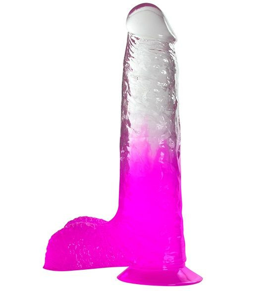 Фаллоимитатор Jelly Joy Fade Out с мошонкой, прозрачным стволом и присоской, цвет: фиолетовый - 17,8 см