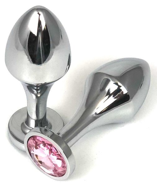Серебристая анальная пробка на удлиненной ножке с нежно-розовым кристаллом - 9 см.