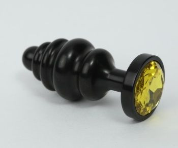 Черная ребристая анальная пробка с желтым кристаллом - 7,3 см