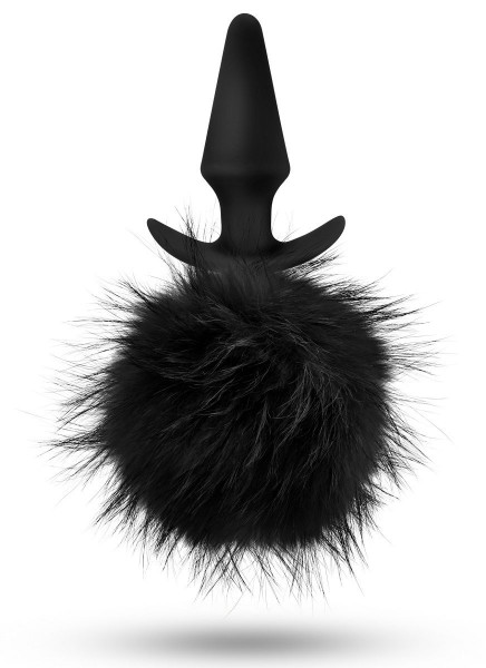 Анальная пробка Fur Pom Pom с черным заячьим хвостом - 12,7 см