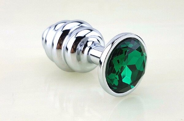 Серебристая рифленая пробка с зеленым кристаллом - 9 см