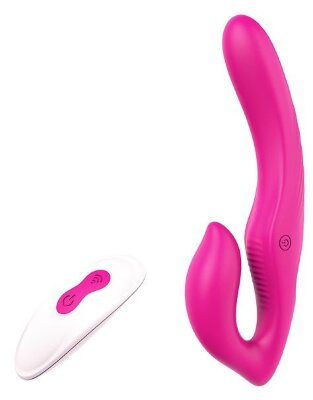 Безремневой страпон REMOTE DOUBLE DIPPER - 22 см, цвет: ярко-розовый