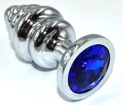 Серебристая анальная пробка из нержавеющей стали с синим кристаллом - 8,8 см.