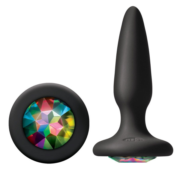 Анальная пробка Glams Mini Rainbow Gem с радужным кристаллом, цвет: черный - 8,4 см