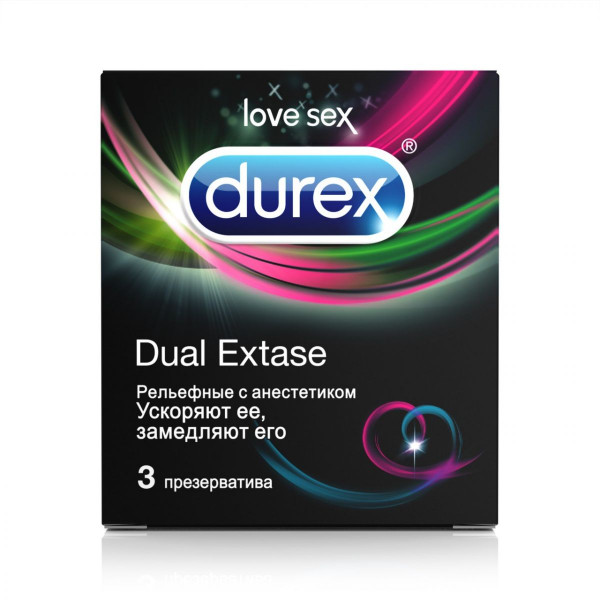 Рельефные презервативы Durex Dual Extase с анестетиком - 3 шт.