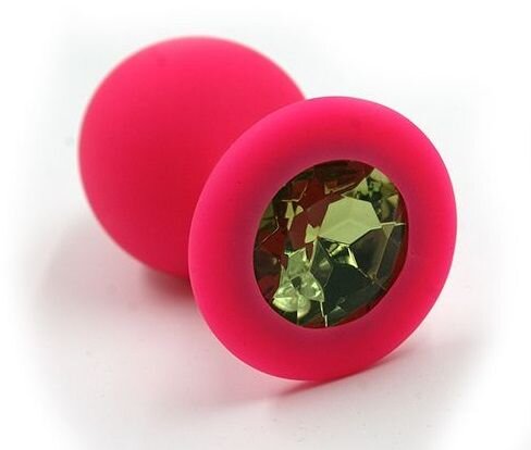 Силиконовая анальная пробка с светло-зеленым кристаллом, цвет: розовый - 7 см