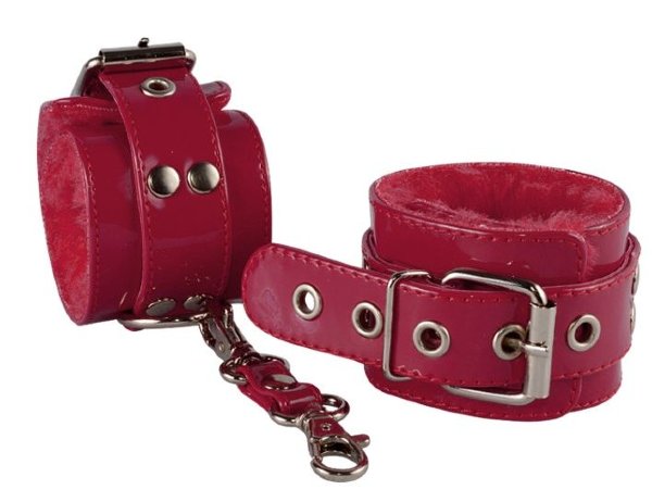 Лаковые наручники с меховым подкладом, цвет: бордовый