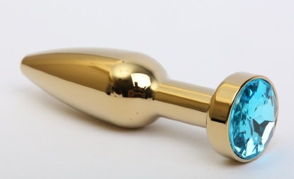 Золотистая анальная пробка с голубым кристаллом - 11,2 см