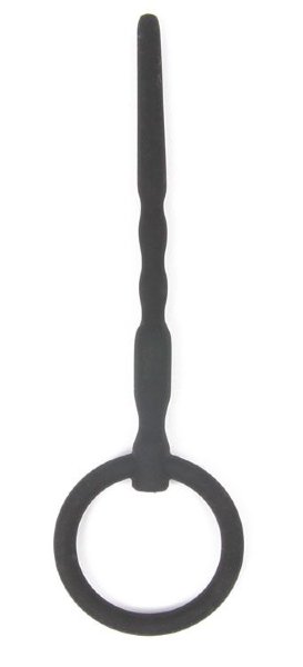 Чёрный уретральный стимулятор с колечком-ограничителем - 9,5 см.
