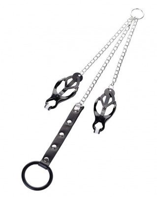 Зажимы для сосков с кольцом для пениса TOYFA Metal, цвет: черно-серебристый