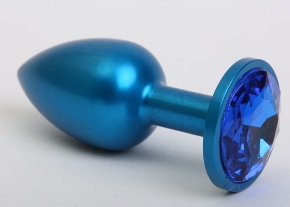 Синая анальная пробка с синим стразом - 7,6 см