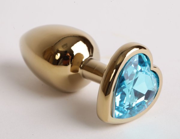 Золотистая анальная пробка с голубым кристаллом-сердцем - 9 см