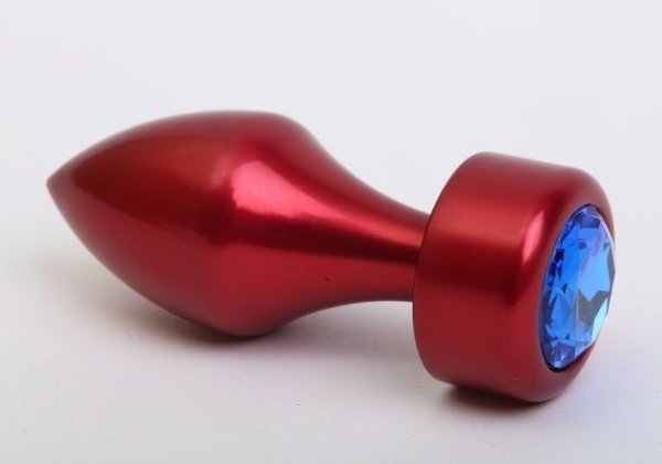 Красная анальная пробка с широким основанием и синим кристаллом - 7,8 см