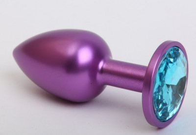 Фиолетовая анальная пробка с голубым стразом - 7,6 см