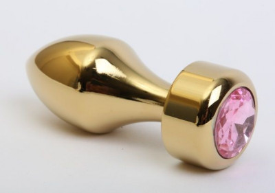 Золотистая анальная пробка с широким основанием и розовым кристаллом - 7,8 см