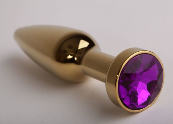 Золотистая анальная пробка с фиолетовым кристаллом - 11,2 см