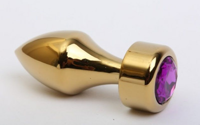 Золотистая анальная пробка с широким основанием и фиолетовым кристаллом - 7,8 см