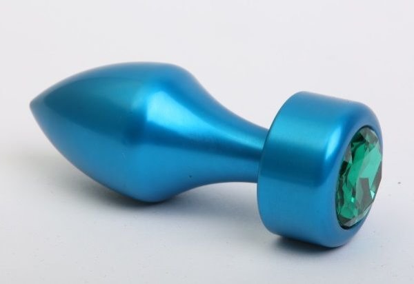 Синая анальная пробка с зеленым стразом - 7,8 см