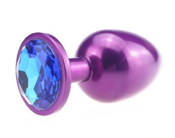 Фиолетовая анальная пробка с синим стразом - 7,6 см