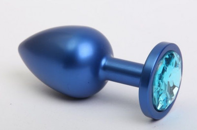Синая анальная пробка с голубым стразом - 7,6 см