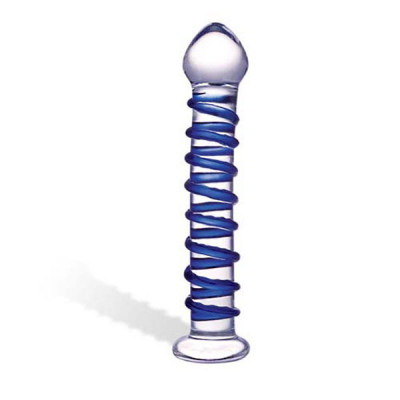 Стеклянный фаллоимитатор с голубой внешней спиралью - 18,5 см