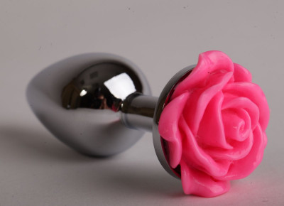 Серебристая анальная пробка с розовой розочкой - 8 см