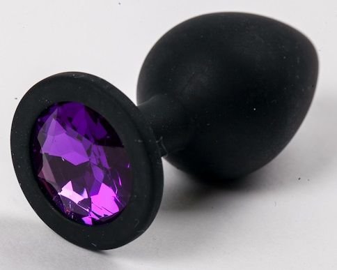 Черная силиконовая анальная пробка с фиолетовым стразом - 8,2 см