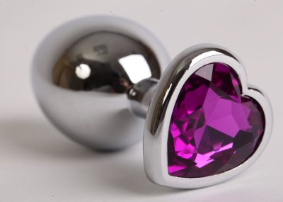 Серебристая анальная пробка с фиолетовым стразиком-сердечком - 8 см