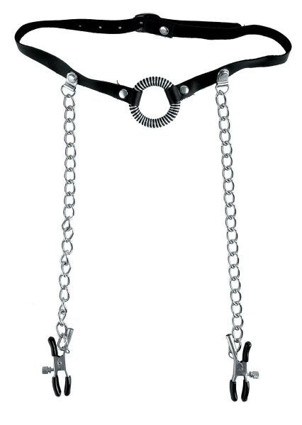 Кольцо-расширитель для рта с цепочками, соединяющими его с клипсами для сосков Pipedream O-Ring Gag Nipple Clamps