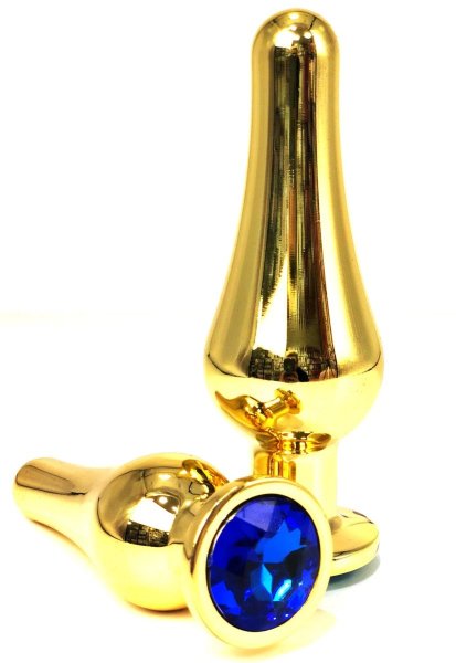 Золотистая удлиненная анальная пробка с синим кристаллом - 10 см.