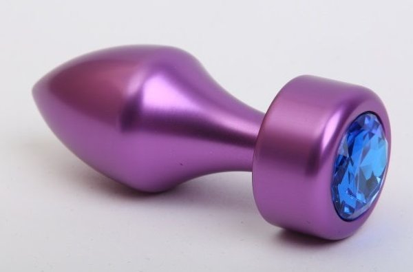 Фиолетовая анальная пробка с широким основанием и синим кристаллом - 7,8 см