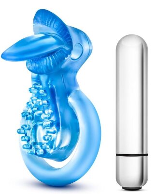 Эрекционное виброкольцо 10 Function Vibrating Tongue Ring, цвет: голубой