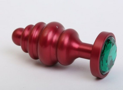 Красная ребристая анальная пробка с зеленым стразом - 7,3 см