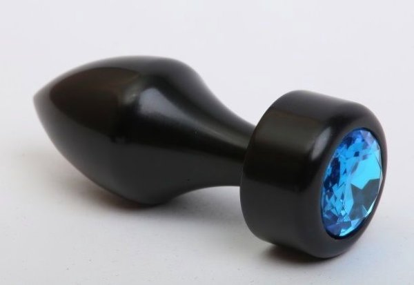 Черная анальная пробка с широким основанием и голубым кристаллом - 7,8 см