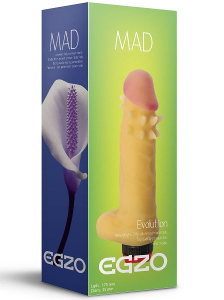 Вибратор EGZO Mad Spike с мошонкой и усиками вокруг головки, цвет: телесный - 17,5 см