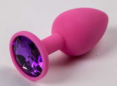 Розовая силиконовая анальная пробка с фиолетовым стразом - 7,1 см