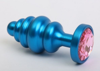 Синая ребристая анальная пробка с розовым кристаллом - 7,3 см