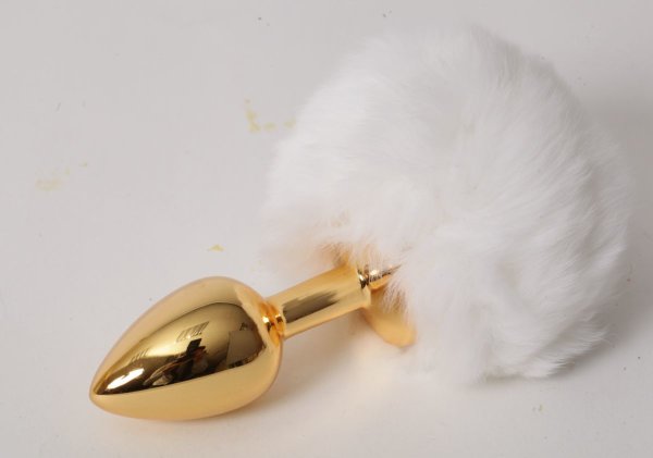 Анальная пробочка с белым хвостом Задорный Кролик, цвет: золотистый